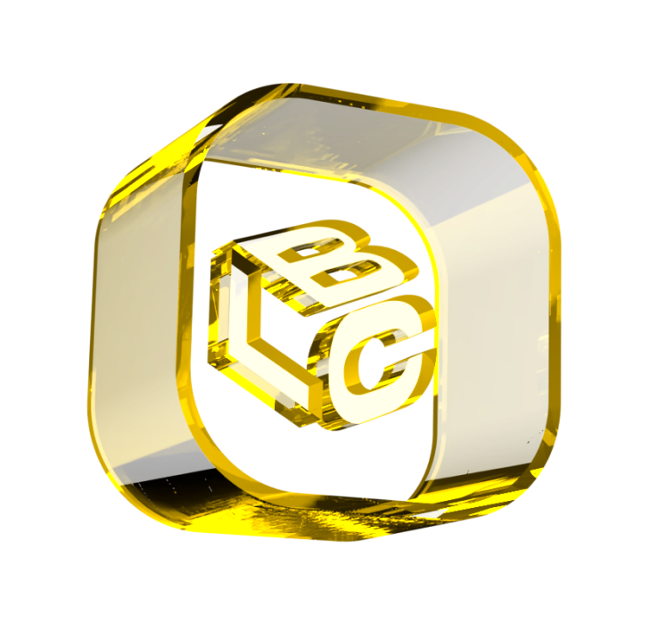 Logotipo 3D dourado com as letras LC dentro de um cubo transparente.