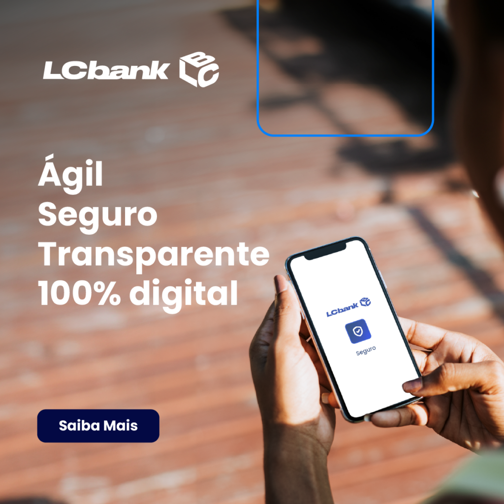 Logo LCbank e celular com app de seguro. Ágil, seguro, transparente, 100% digital.