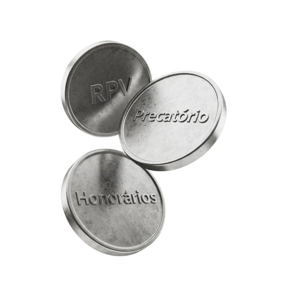 Moedas de RPV, Precatório e Honorários sobre fundo branco.